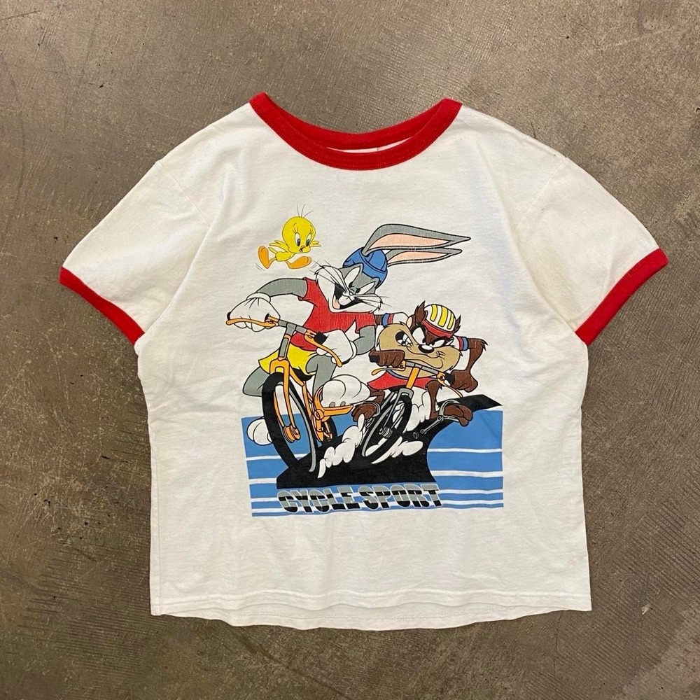 Vintage Looney Tunes Bike Racing 90s Womens Ringer T-Shirt Size Small
